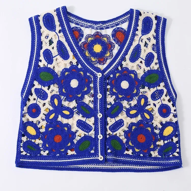 Wholesale blue floral crochet-look button vest for OEM and private label production 2