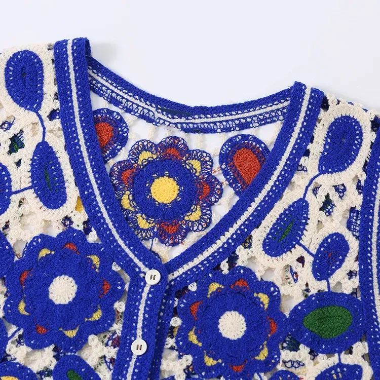 Wholesale blue floral crochet-look button vest for OEM and private label production 4
