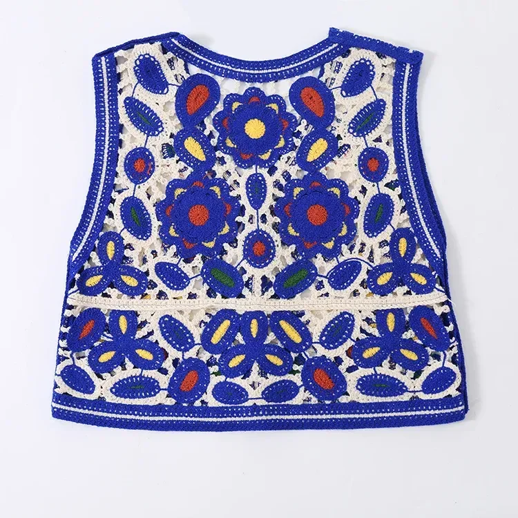 Wholesale blue floral crochet-look button vest for OEM and private label production 7