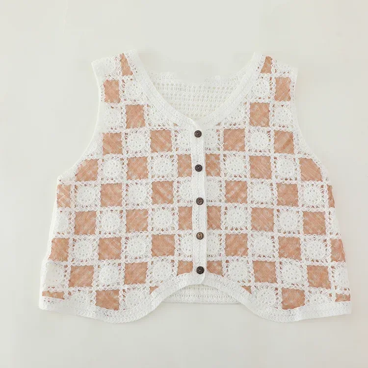 Wholesale Blush Check Crochet-Look Button Vest alternate view