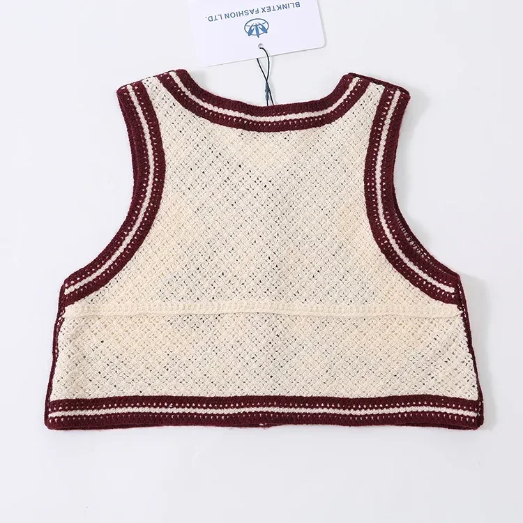 Wholesale burgundy floral crochet-look button vest for OEM and private label production 5