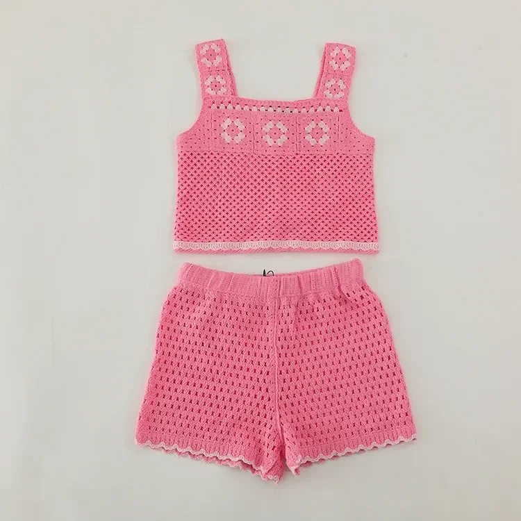 Wholesale pink crochet-look tank and shorts set for OEM and private label production 2