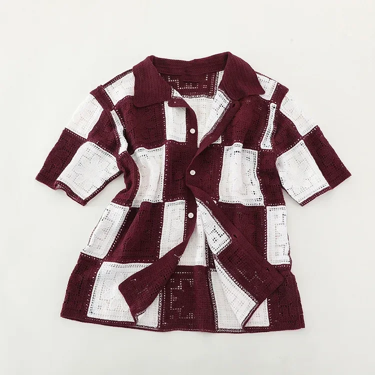 Wholesale burgundy patchwork crochet-look shirt for OEM and private label production 4
