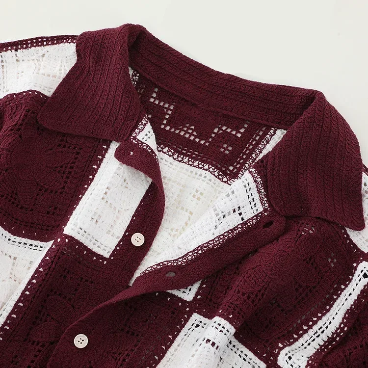 Wholesale burgundy patchwork crochet-look shirt for OEM and private label production 6