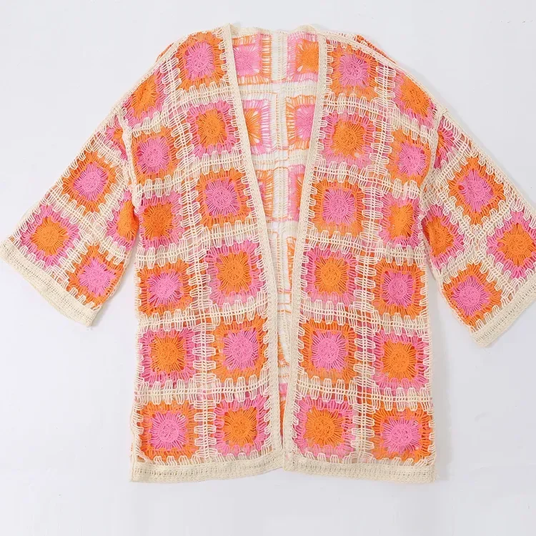 Wholesale orange pink patchwork crochet-look cardigan for OEM and private label production 2