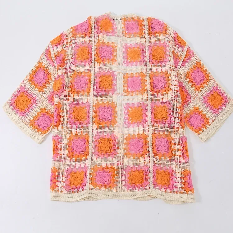 Wholesale orange pink patchwork crochet-look cardigan for OEM and private label production 3
