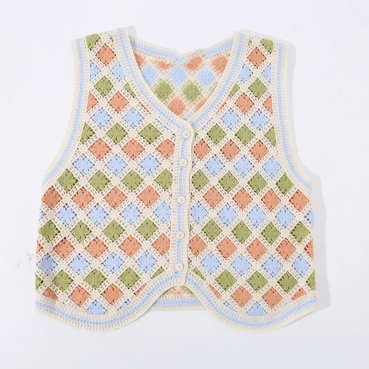 Wholesale pastel argyle crochet-look button vest for OEM and private label production 2