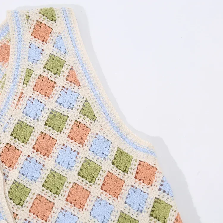 Wholesale pastel argyle crochet-look button vest for OEM and private label production 5