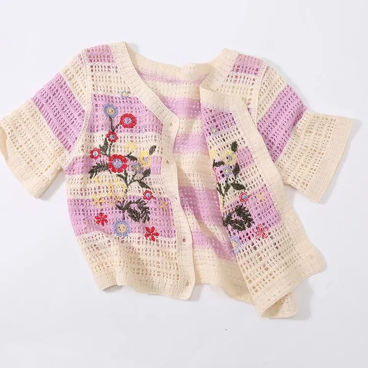 Wholesale pink floral crochet-look short sleeve cardigan for OEM and private label production 3