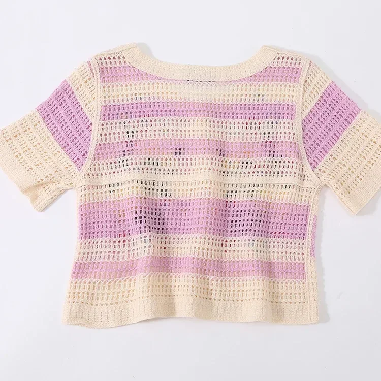 Wholesale pink floral crochet-look short sleeve cardigan for OEM and private label production 6
