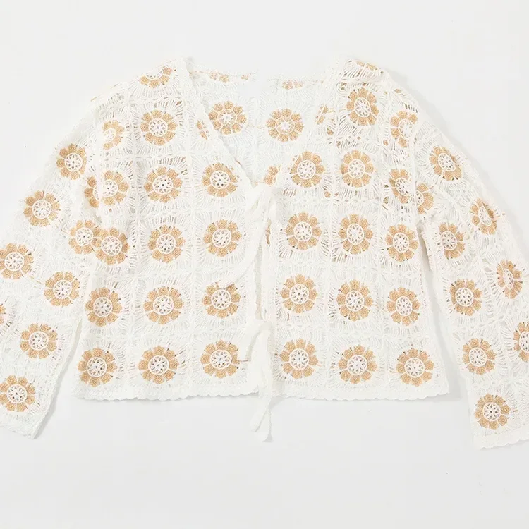 Wholesale ivory neutral floral crochet-look cardigan for OEM and private label production 2