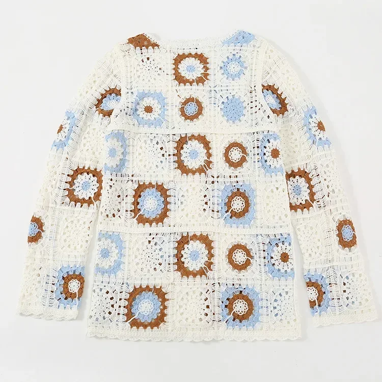 Wholesale blue brown granny square crochet-look cardigan for OEM and private label production 3