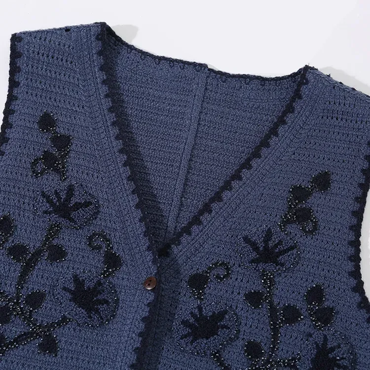 Wholesale navy floral crochet-look button vest for OEM and private label production 3