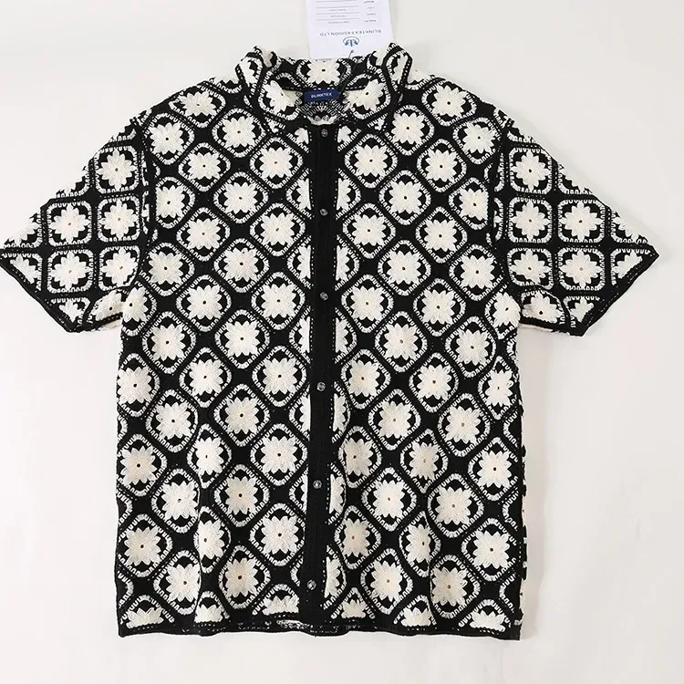 Wholesale black white geometric crochet-look shirt for OEM and private label production 2