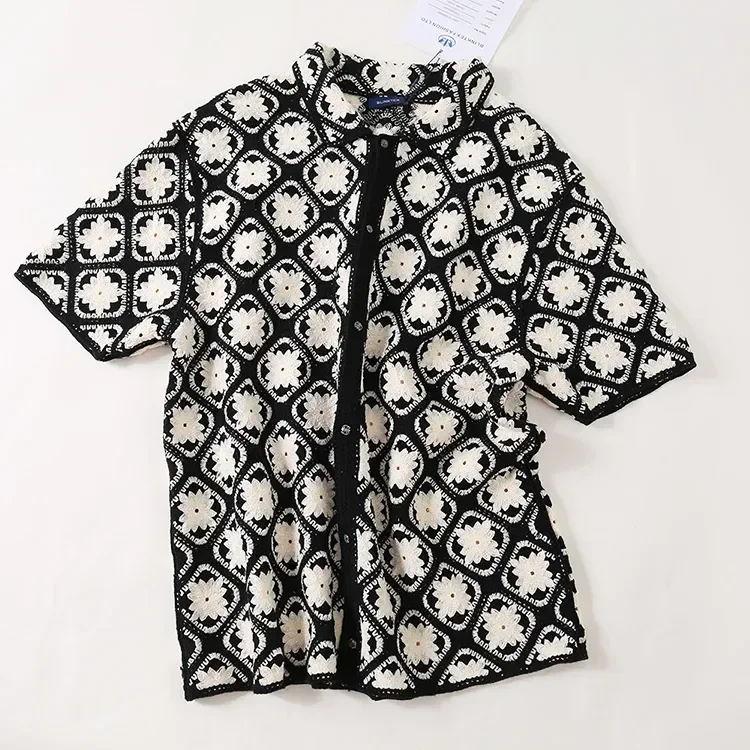 Wholesale black white geometric crochet-look shirt for OEM and private label production 6