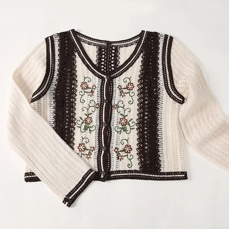 Wholesale Ivory Burgundy Embroidered Crochet-Look Cardigan alternate view