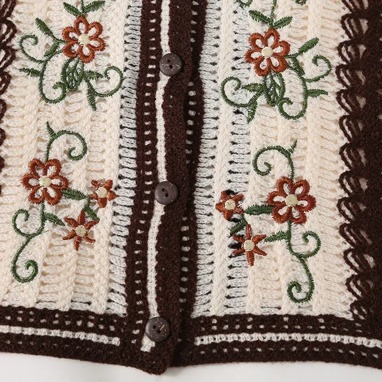 Wholesale ivory burgundy embroidered crochet-look cardigan for OEM and private label production 5