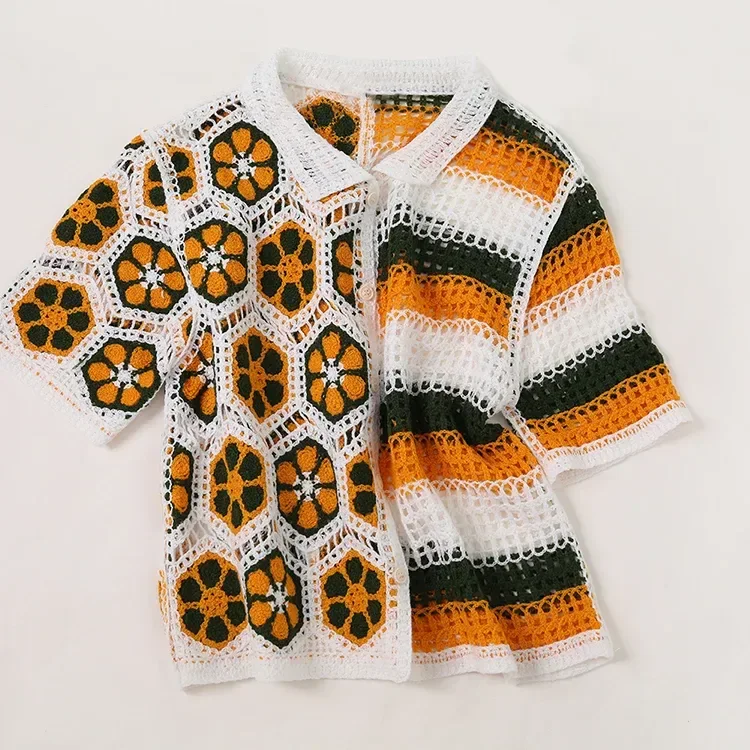 Wholesale orange geometric crochet-look polo top for OEM and private label production 4