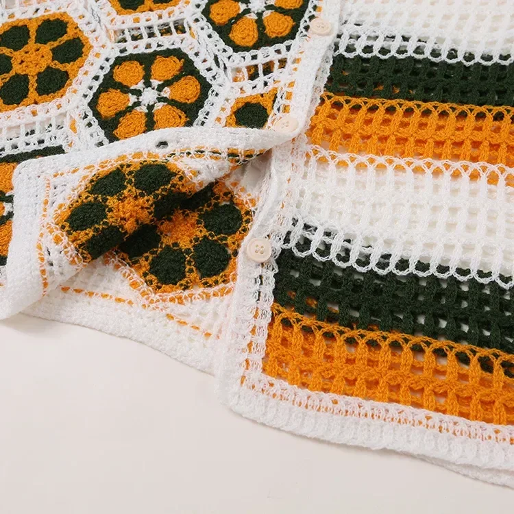 Wholesale orange geometric crochet-look polo top for OEM and private label production 5