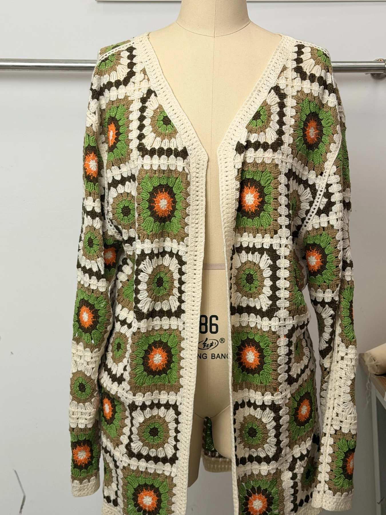 Wholesale Olive Orange Granny Square Crochet-Look Long Cardigan for OEM and private label production
