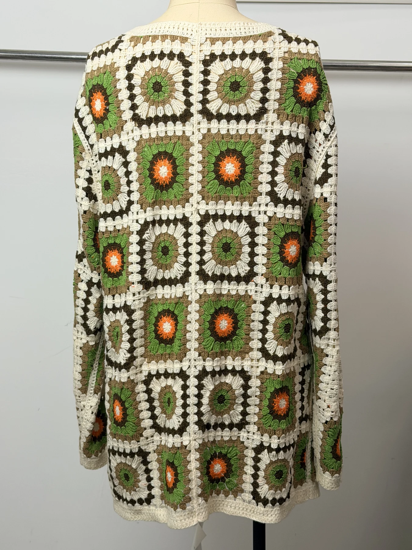 Wholesale Olive Orange Granny Square Crochet-Look Long Cardigan alternate view