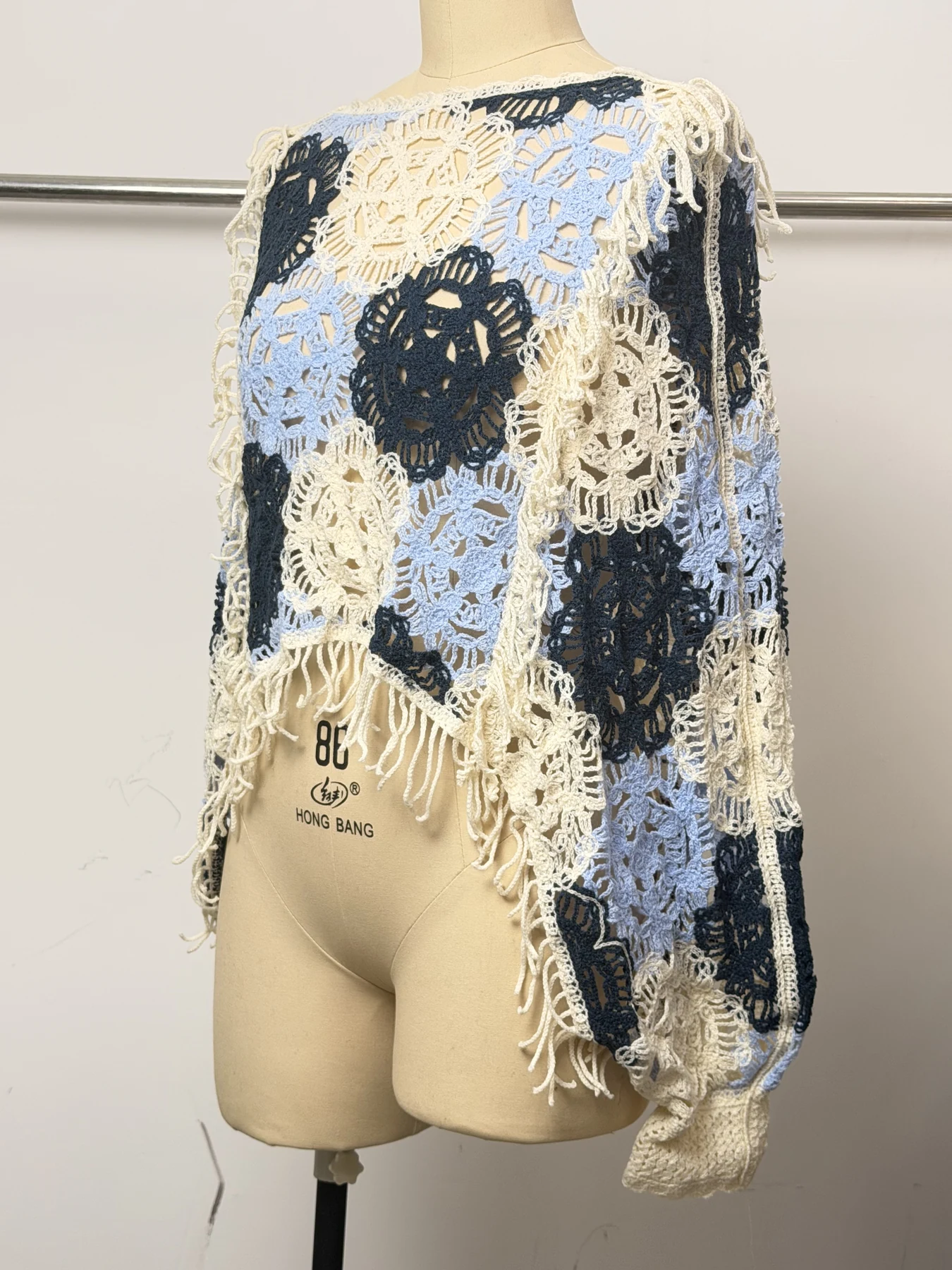Wholesale Blue Ivory Floral Fringe Crochet-Look Vest alternate view