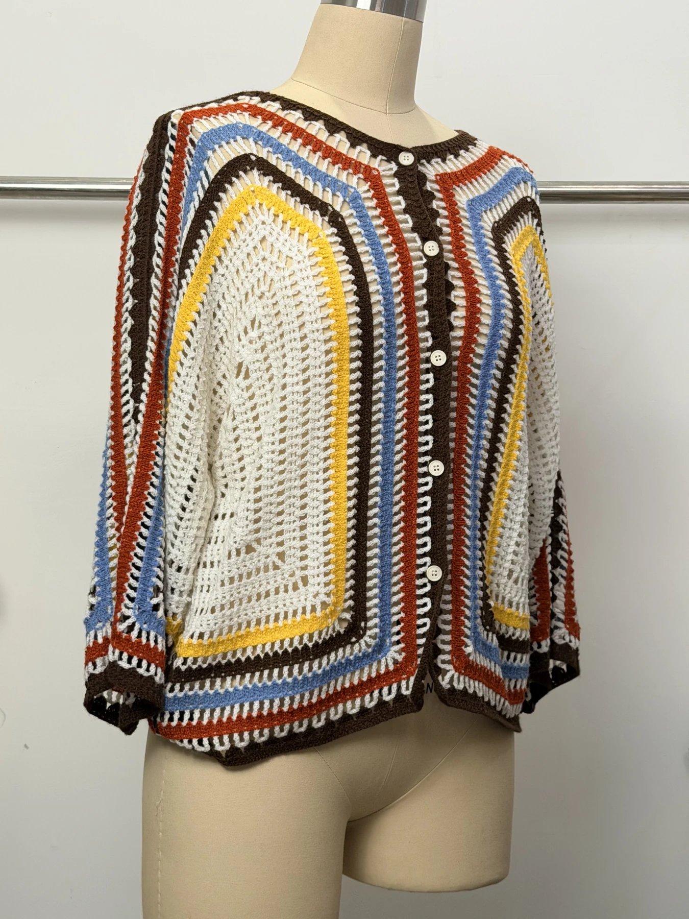 Wholesale Rust Navy Stripe Crochet-Look Cardigan for OEM and private label production 4