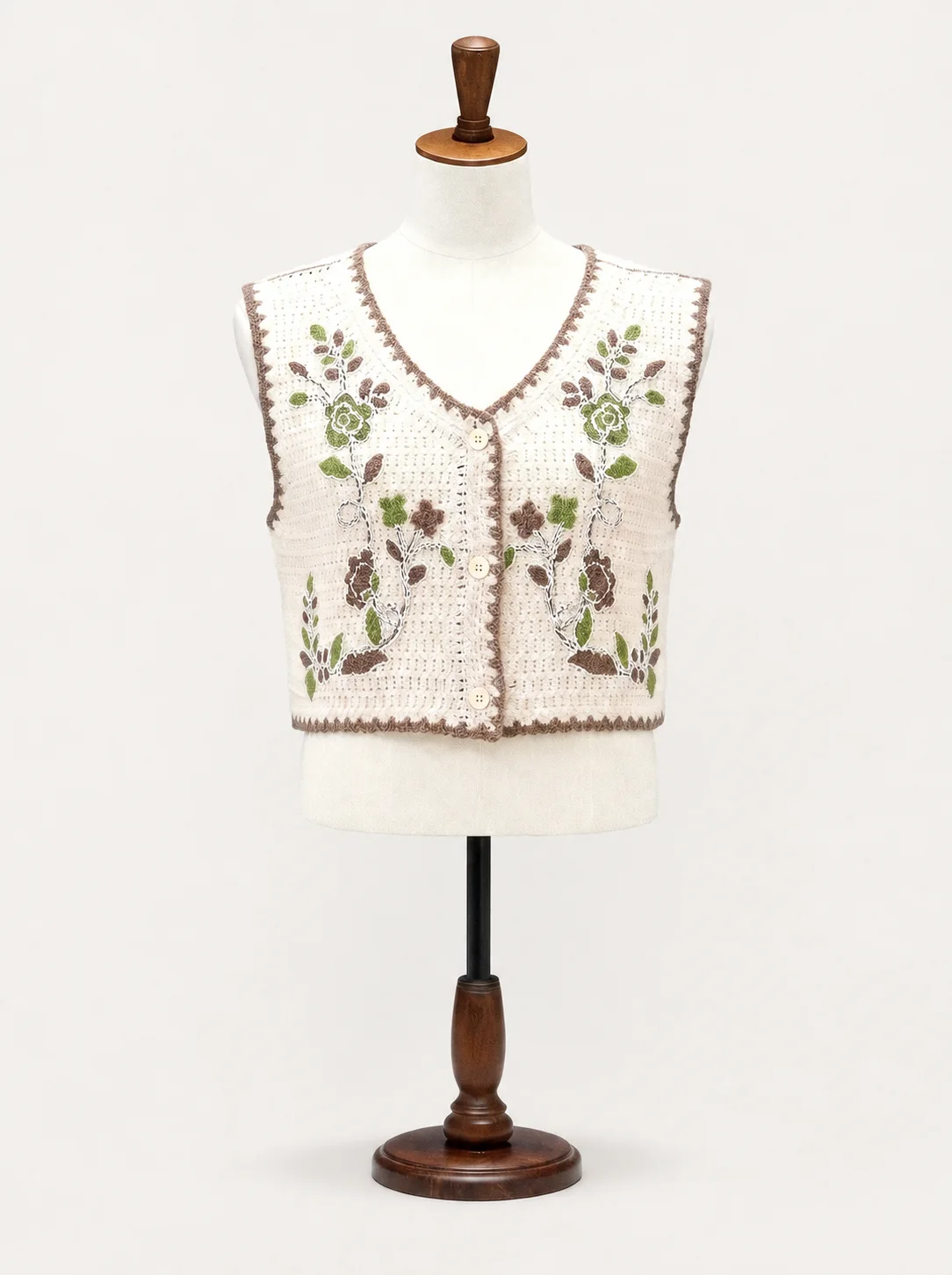 Wholesale ivory botanical embroidered crochet-look vest for OEM and private label production