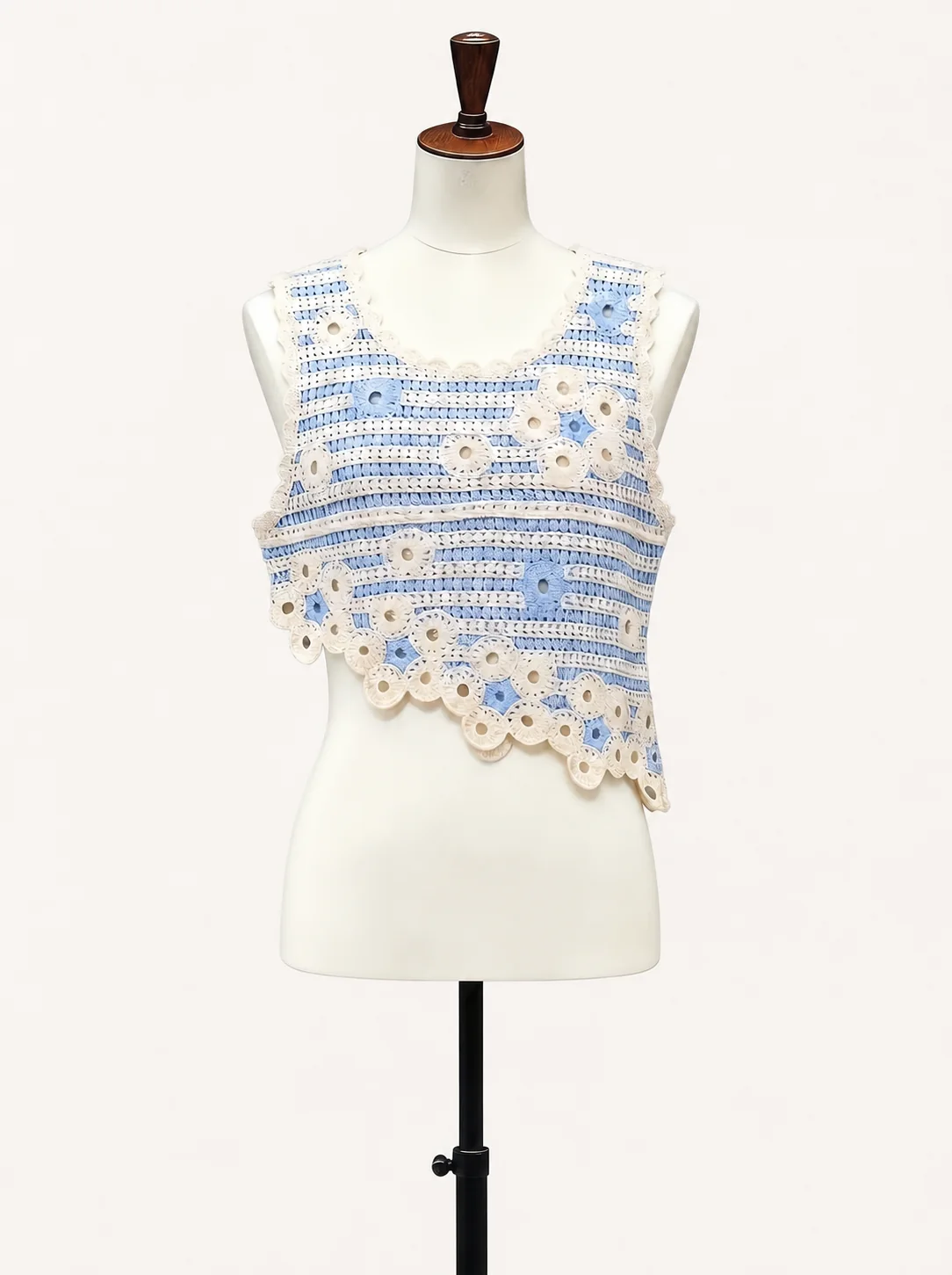 Wholesale blue stripe asymmetric crochet-look tank for OEM and private label production