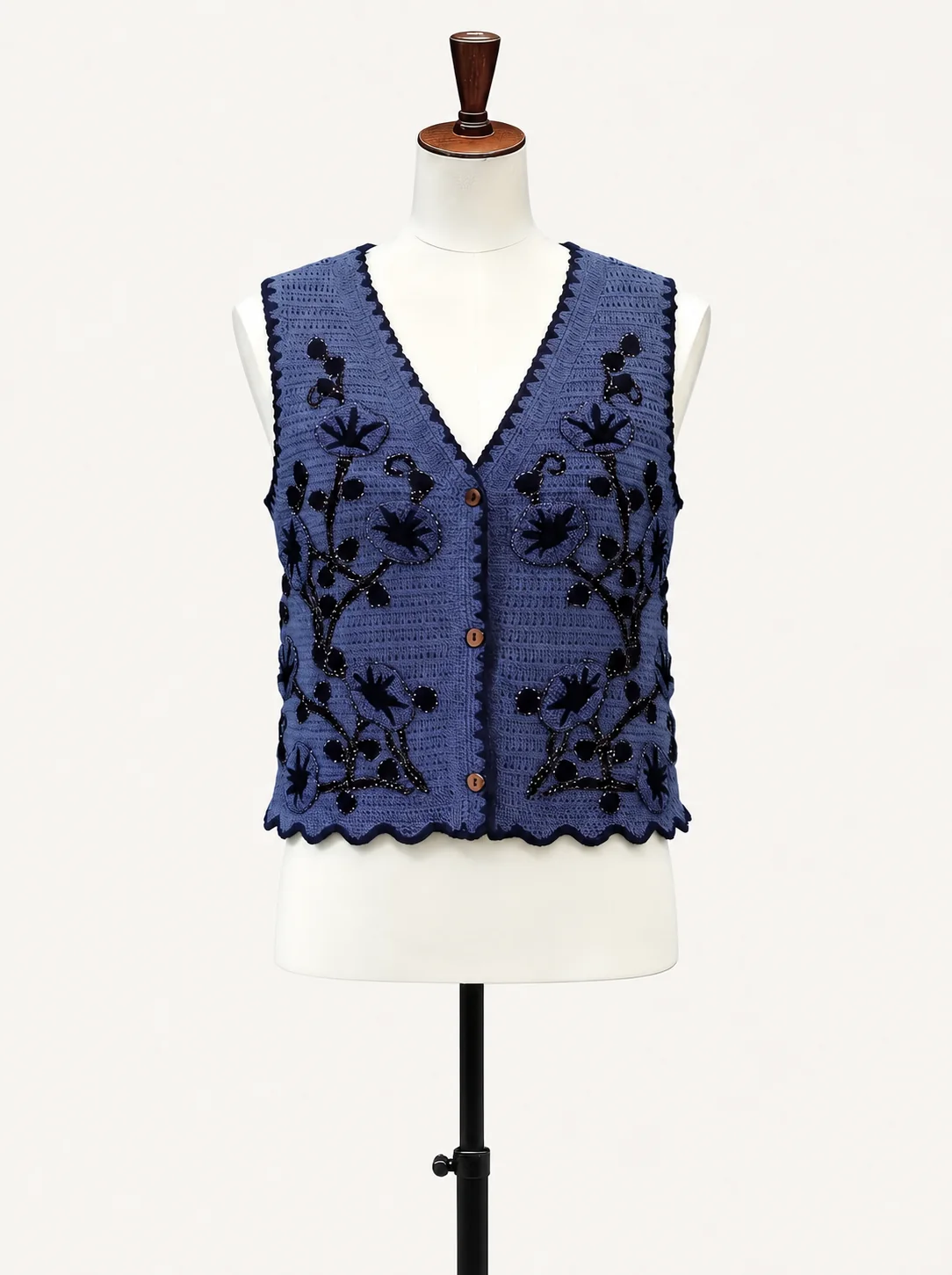 Wholesale navy floral crochet-look button vest for OEM and private label production