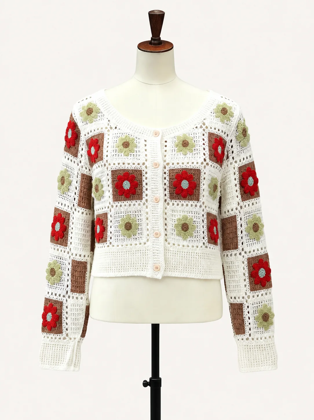Wholesale red green granny square crochet-look cardigan for OEM and private label production