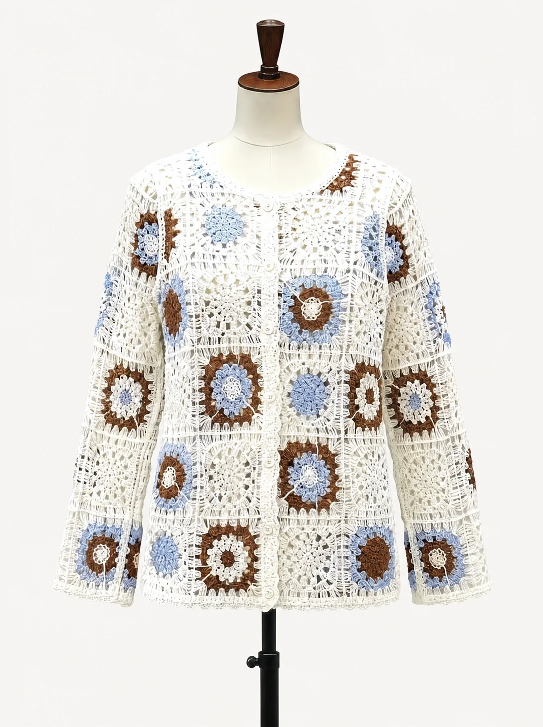 Wholesale blue brown granny square crochet-look cardigan for OEM and private label production