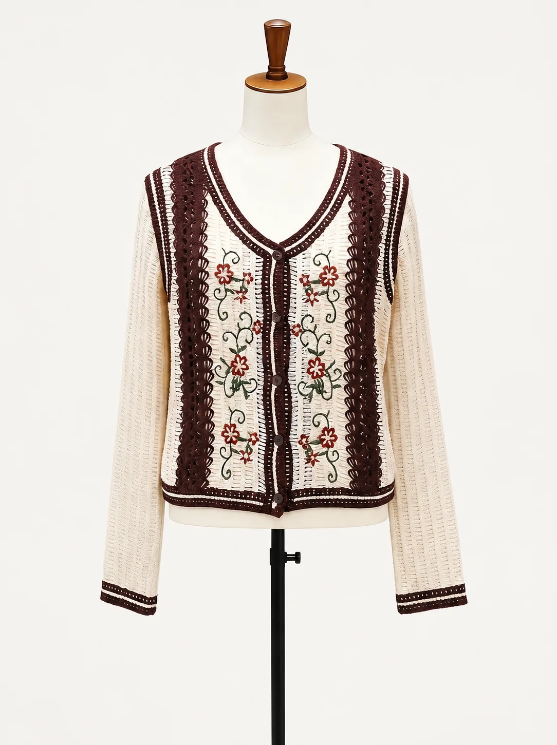 Wholesale ivory burgundy embroidered crochet-look cardigan for OEM and private label production