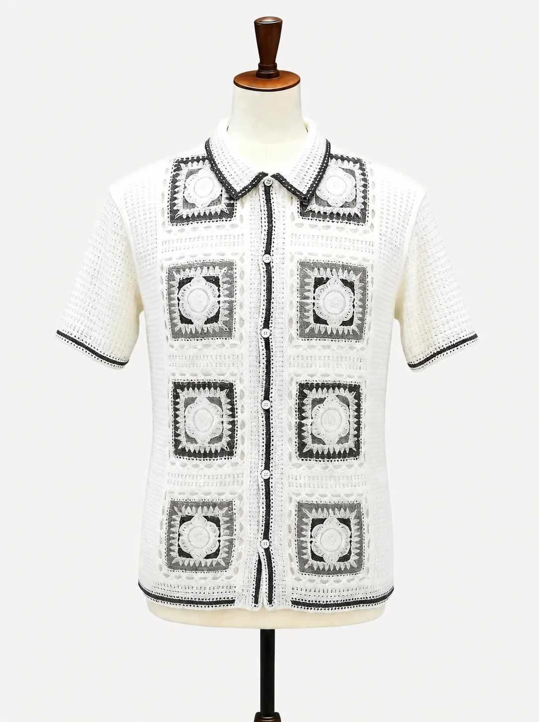 Wholesale ivory square motif crochet-look shirt for OEM and private label production